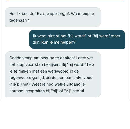 Schermafbeelding van een echt gesprek met Juf Eva, waarin een leerling twijfelt tussen 'hij wordt' en 'hij word' en Juf Eva met een denkvraag over de regel helpt.